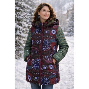 Desigual Womens Jacket Sz 44 XL 12 Reversible Quilted Puffer Green Purple Floral